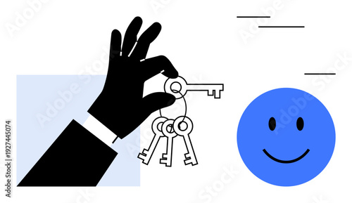 Security concept. Hand holding keys s security, access, and control. Security ensures positive outcomes illustrated by the smiling face. For identity, access control, opportunities, and trust