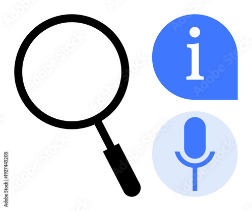 Information search, voice recognition, digital assistance, technology interaction, research tools, user guidance. Magnifying glass, info bubble and mic icon. Information search and voice recognition