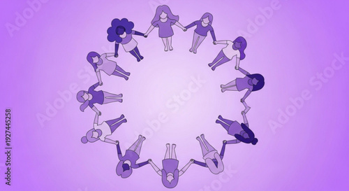 Diverse group of people holding hands in a circle on purple background symbolizing unity and friendship