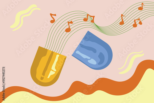 Harmonious music notes escaping from an open stylized capsule, symbolizing the healing power of sound therapy, emotional well-being, and mental health through rhythmic melodies