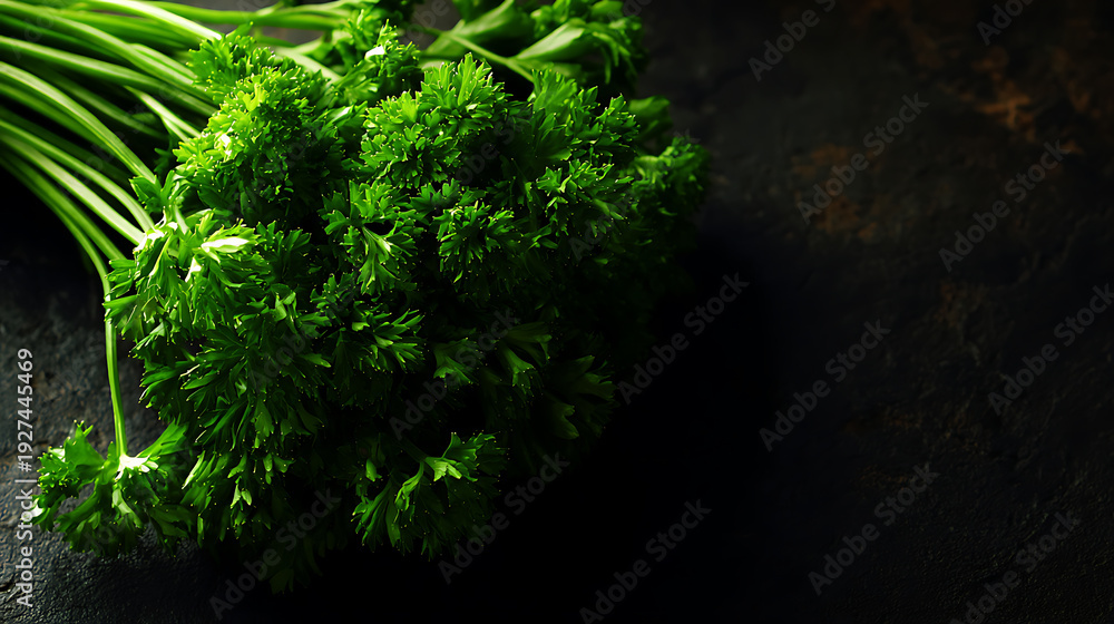 Fototapeta premium Fresh parsley, a vibrant culinary herb, sits against a dark surface