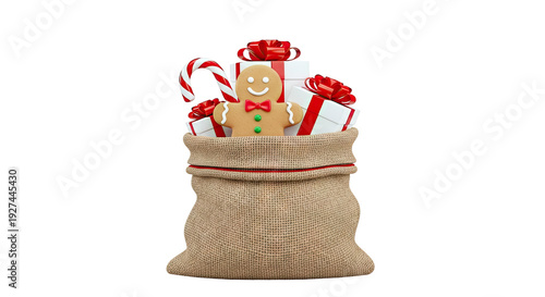 Gingerbread Man, Gifts, and Candy Cane in a Burlap Sack