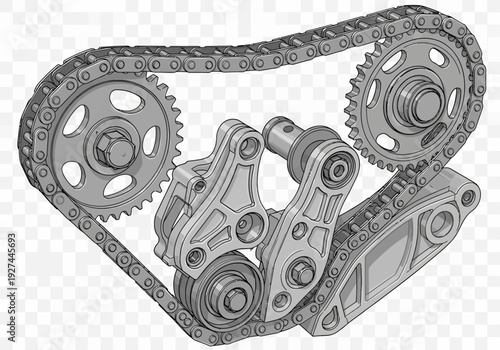 Detailed mechanical illustration of a timing chain and tensioner system with gears and mechanical parts