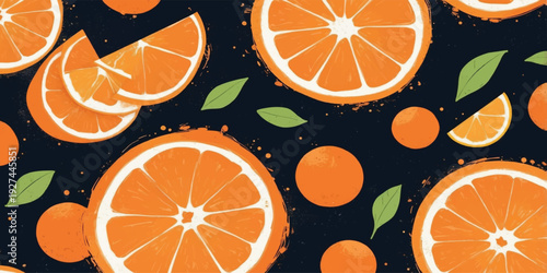 Seamless Orange Fruit Pattern with Fresh Citrus Slices and Green Leaves on Dark Background – Vibrant Summer Food Illustration.
