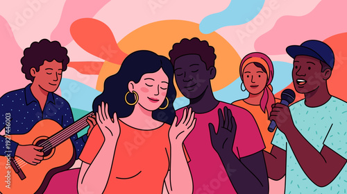 Vibrant Illustration of Diverse Friends Enjoying Live Music: Guitarist, Singer, and Happy Togetherness