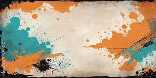 Grunge Paint Splash Banner Background with Orange and Turquoise Ink Blots on Vintage Textured Paper with Copy Space.