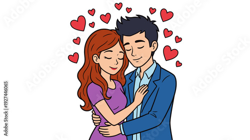Cartoon Couple Embracing with Floating Hearts: Sweet Romance and Affection Illustration