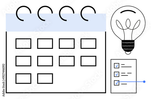 Time management, creativity, productivity, scheduling, organization, planning. Calendar with boxes, checklist with completed items and light bulb icon. Productivity and time management concept