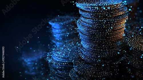 Abstract blue and gold particles in a stack formation, with a dark background. The image evokes a sense of technology and futuristic concepts.
