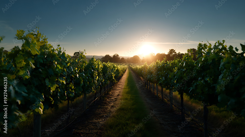 Fototapeta premium Vineyard rows stretching towards a vibrant sunset, evoking a sense of tranquility and abundance