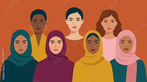 Multicultural Women's Group with Hijabs: Diversity, Unity, Empowerment Illustration