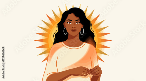 Radiant Young Black Woman Smiling with Golden Sunburst Aura - Empowerment, Joy, and Positive Energy Illustration