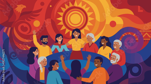Vibrant Cultural Community Gathering: Diverse People Unite in Stylized Folk Art Illustration with Sun, Phoenix, and Traditional Patterns.