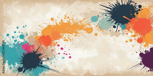 Abstract Grunge Paint Splash Background with Vibrant Orange and Blue Ink Splatter on Vintage Textured Paper.