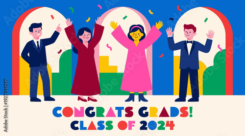 Joyful Graduates Class of 2024 Celebrating with Confetti. Vibrant Flat Design Illustration of Young Adults Marking Academic Achievement.