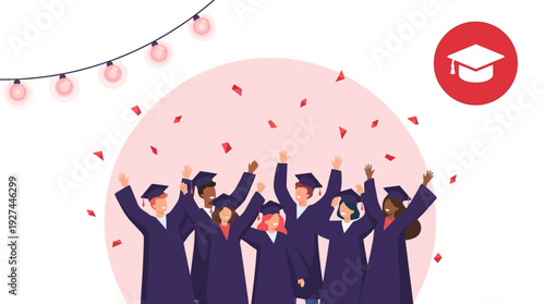 Joyful Diverse Graduates Celebrate Achievement with Confetti & Party Lights. Education Success Illustration.