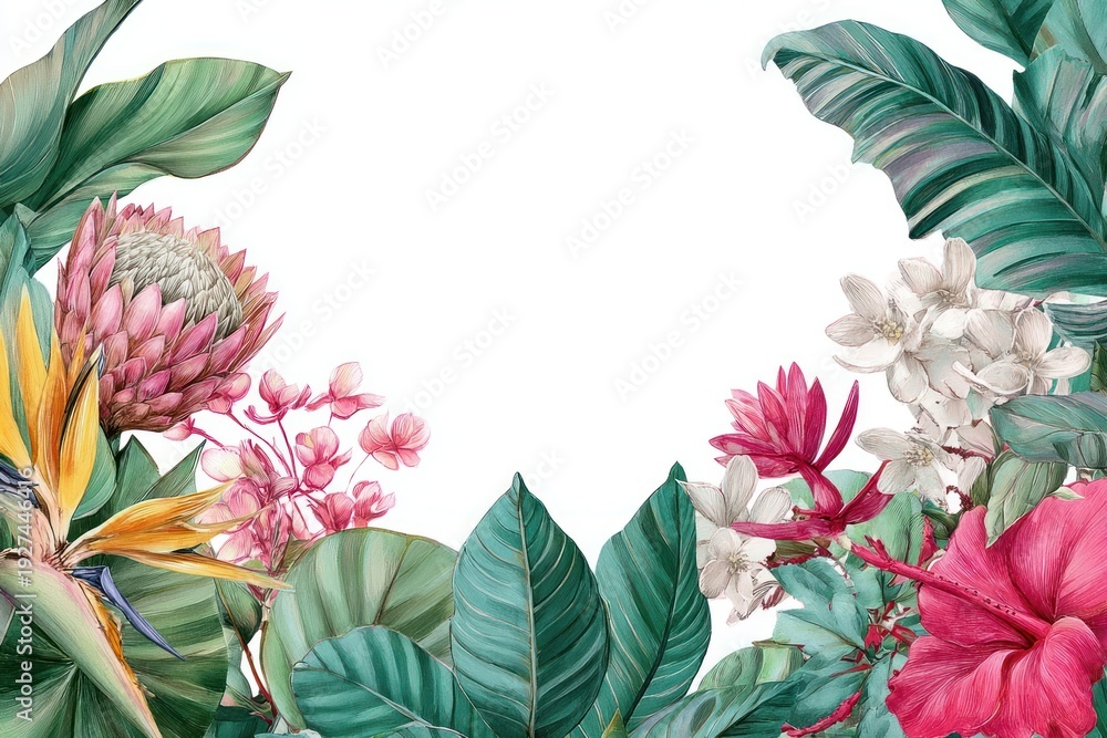 Fototapeta premium Tropical floral border illustration