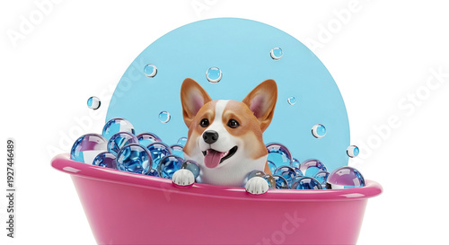 Happy Corgi in a Bubble Bath