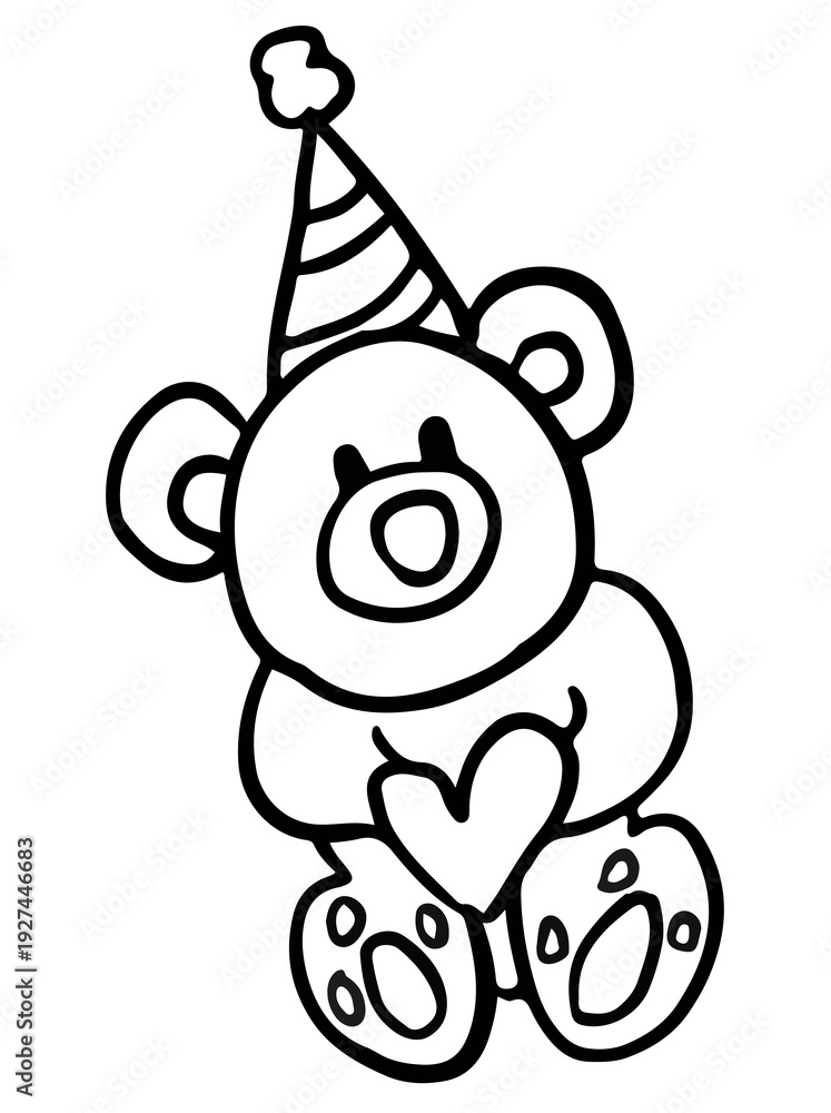 Obraz premium Hand drawn teddy bear wearing party hat outline for colouring book, plush toy, kid doll, souvenir shop, animal, sticker, tattoo, shirt print, card, cartoon character, comic, mascot, Valentine's Day