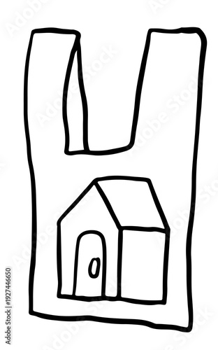 Hand drawn outlines of shopping tote bag with home logo for grocery shopping, supermarket, market, mart, picnic, spring, summer, park, cute patch, brooch, sticker, no plastic bag, colouring book