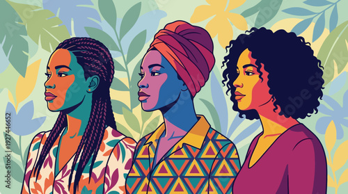 Vibrant Pop Art Illustration of Diverse Black Women Celebrating Sisterhood and Individuality Amidst Tropical Foliage