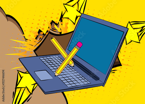 Cartoon Laptop, comic book Notebook with Pencil. Retro vector comics pop art design.