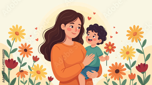Mother and Son Love Illustration: Joyful Embrace Amidst Colorful Flowers and Hearts, Celebrating Family Bond