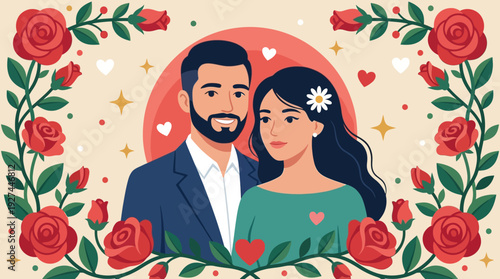 Romantic Couple Portrait in Floral Rose Frame. Flat Vector Illustration for Love, Valentine's Day, and Relationships.