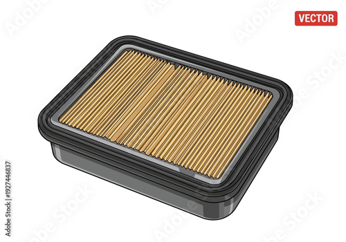 A high-quality air filter with a black plastic frame and yellow filtering material viewed from above on a plain background