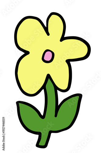 Hand drawn yellow flower with green leaves for nature, garden, tree, plants, blossom, blooming, park, picnic, home yard, sticker, cartoon, floral print, decoration, patch, tattoo, icon, fabric print