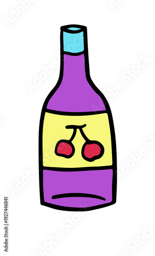 Hand drawn cherry champagne bottle illustrations for drink menu, cafe, summer break, decoration, beach vibes, patch, pin, shirt print, beach vibe, sea, sand, sun, trip, travel, vacation, happy holiday