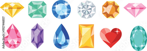 Colorful faceted diamond and gemstone shapes set, flat vector illustration of sparkling jewels isolated on white background for jewelry and luxury design