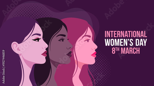 International Women's Day 8th March. Diverse Women Profiles Illustration for Global Empowerment & Unity