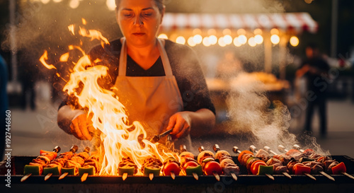 A professional cook preparing delicious barbecue kebabs at an outdoor night market with fire and smoke