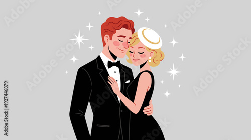 Elegant Couple Embracing: Romantic Formal Attire for Gala, Wedding, or Special Celebration with Sparkles