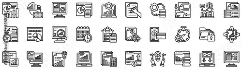 Business Analytics icons collection. Vector illustration. Predictive chart, Investment, Monitor, Sale report, Operation, Plan, Process. Pro Vector	
