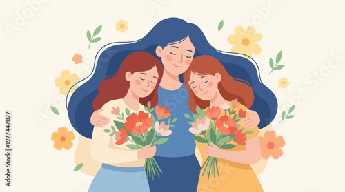 Mother and Daughters Embracing with Flowers - Happy Family Love and Affection, Perfect for Mother's Day, Parenthood, and Bonding Illustrations