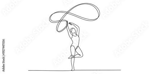 A continuous line drawing of a rhythmic gymnast performing a routine with a long ribbon. Vector, illustration
