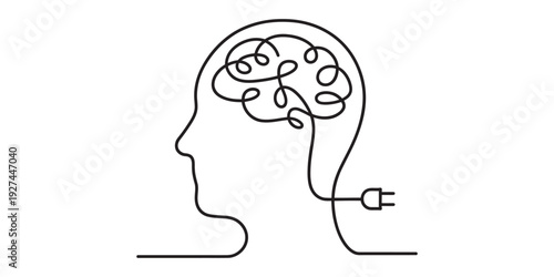 Minimalist line art of a human head with a tangled brain connected to an electrical power plug. Vector, illustration