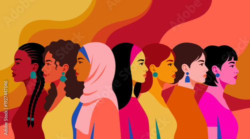 Diverse Group of Women in Profile, Symbolizing Unity, Empowerment, and Global Sisterhood