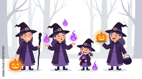Friendly Cartoon Witches with Magic, Pumpkins & Cauldrons in a Spooky Forest Scene - Halloween Celebration Illustration