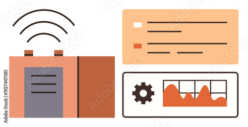 Technology, wireless communication, data analytics, IoT devices, online monitoring, business automation. A signal icon, bar chart and settings gear. Wireless communication and data analytics concept