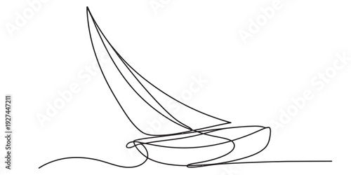 Minimalist continuous line drawing of a sailboat gliding over gentle ocean waves Vector, illustration