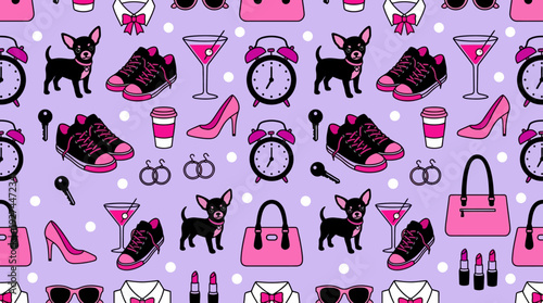 Vibrant Pink & Purple Fashion & Pet Lifestyle Seamless Pattern with Chihuahua Dogs, Shoes, Bags, and Accessories