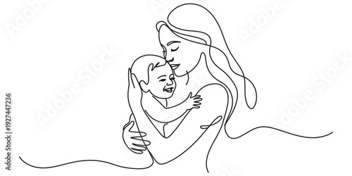 Continuous line drawing of a mother tenderly holding her newborn baby in her arms Vector, illustration