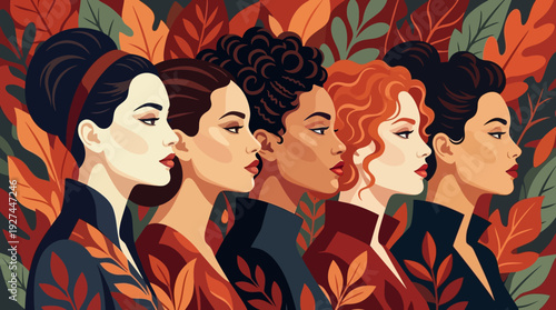 Diverse Women Standing Together in Stylized Botanical Art - Celebrating Unity, Empowerment, and Global Sisterhood