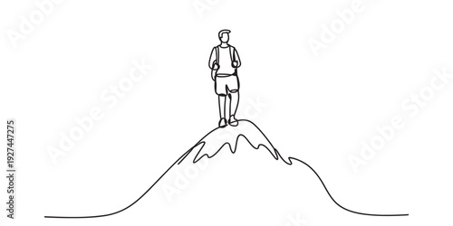 Continuous line drawing of a person standing on top of a mountain peak against a white background. Vector, illustration