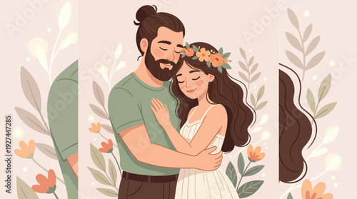 Romantic Couple in Loving Embrace with Whimsical Floral Background Illustration