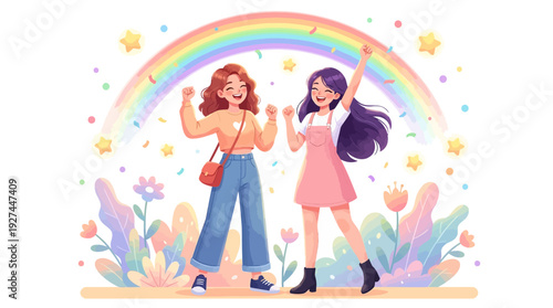 Cheerful Friends Celebrating Success with Rainbow and Confetti. Vibrant, Joyful Cartoon Illustration of Happy Girls.