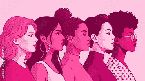 Diverse Women Profiles in Pink Pop Art Style for Empowerment & Unity